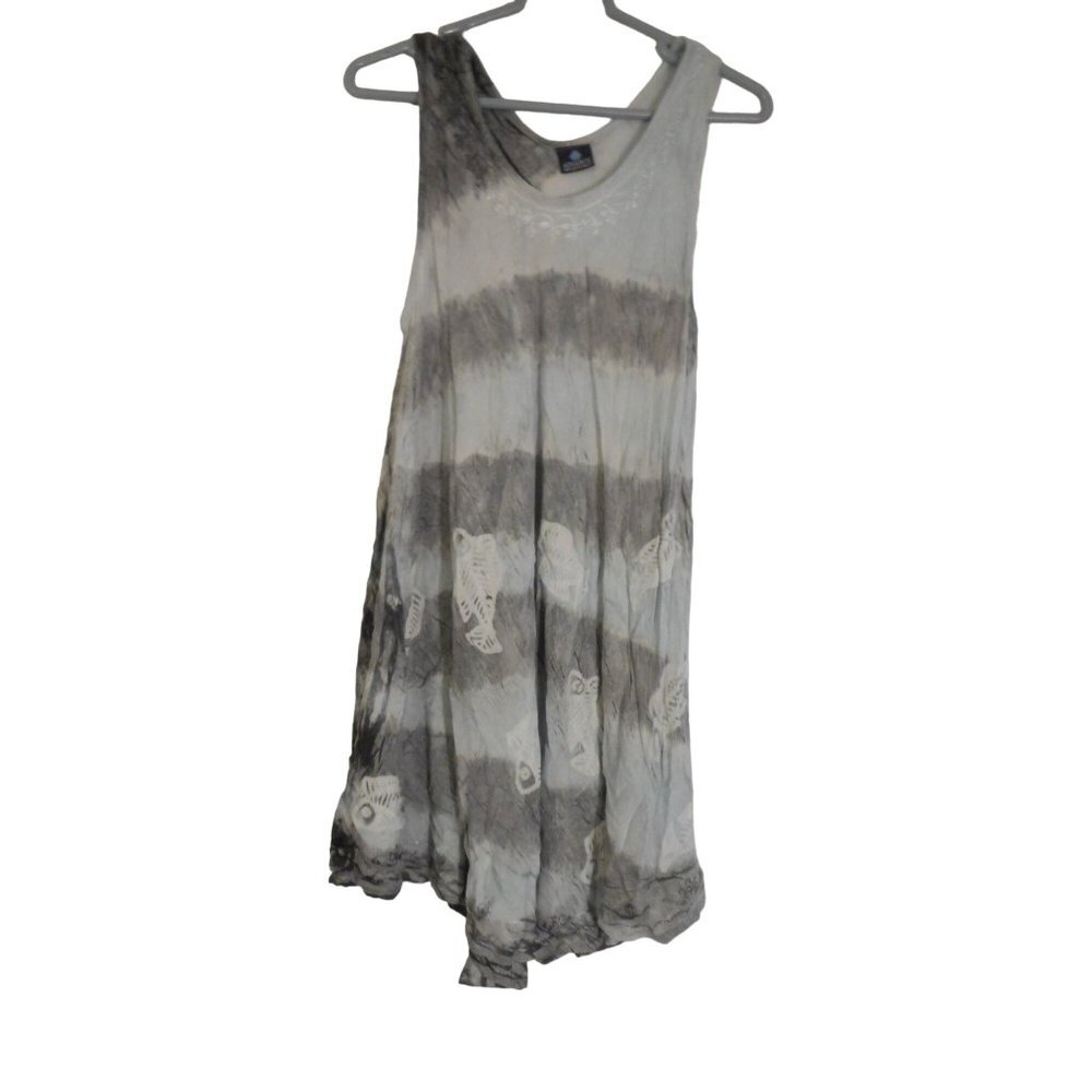 One Sz Fits Most Sleeveless Rayon Black fish Embroidered Tunic Top Tie Dye Batik